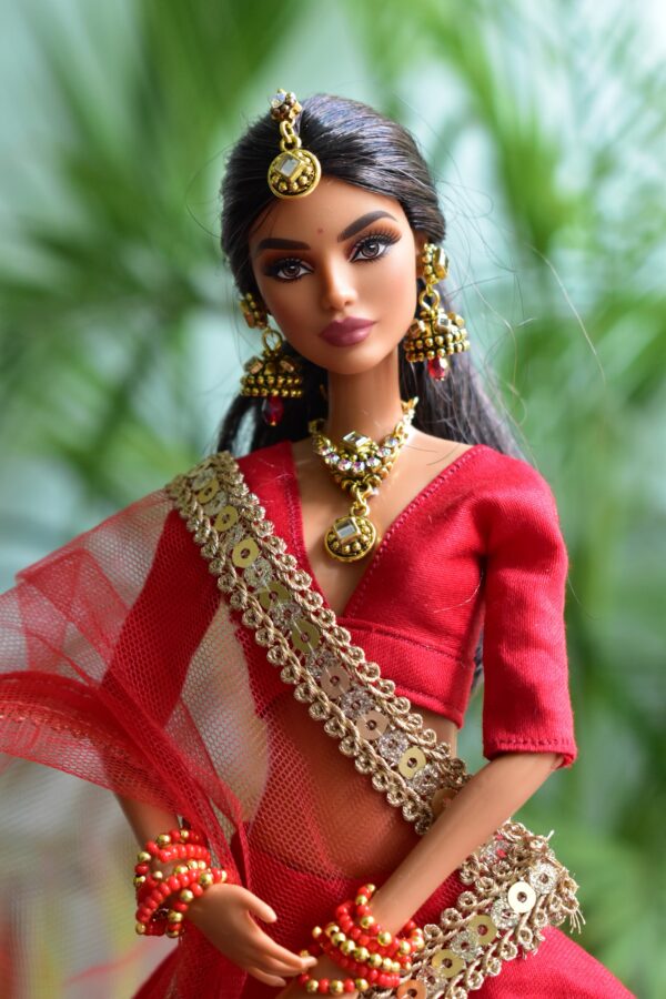 Red and gold bridal lehenga for Barbie doll