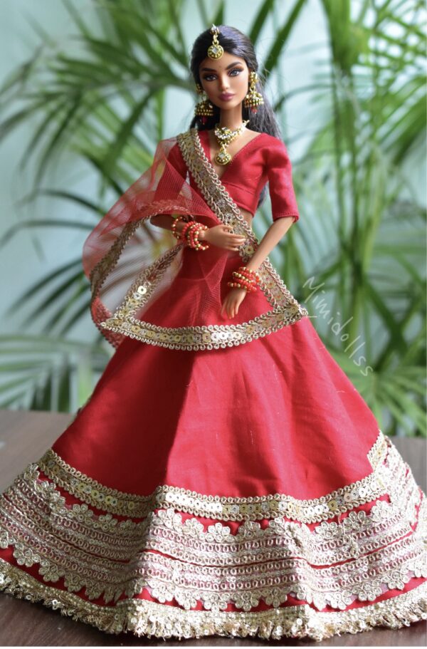 Red and gold bridal lehenga for Barbie doll
