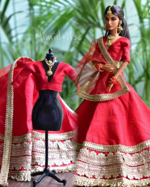 Red and gold bridal lehenga for Barbie doll