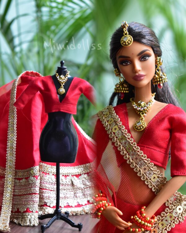 Red and gold bridal lehenga for Barbie doll
