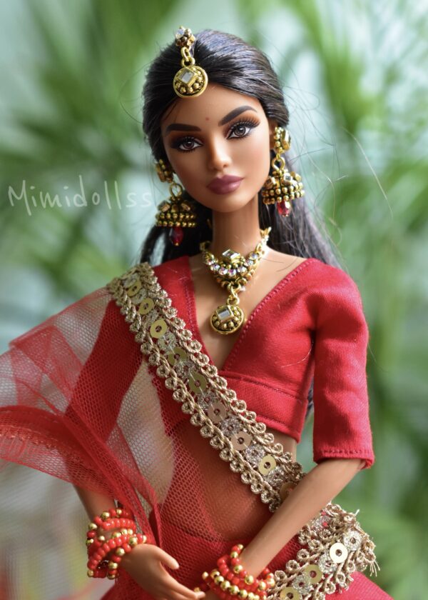 Red and gold bridal lehenga for Barbie doll