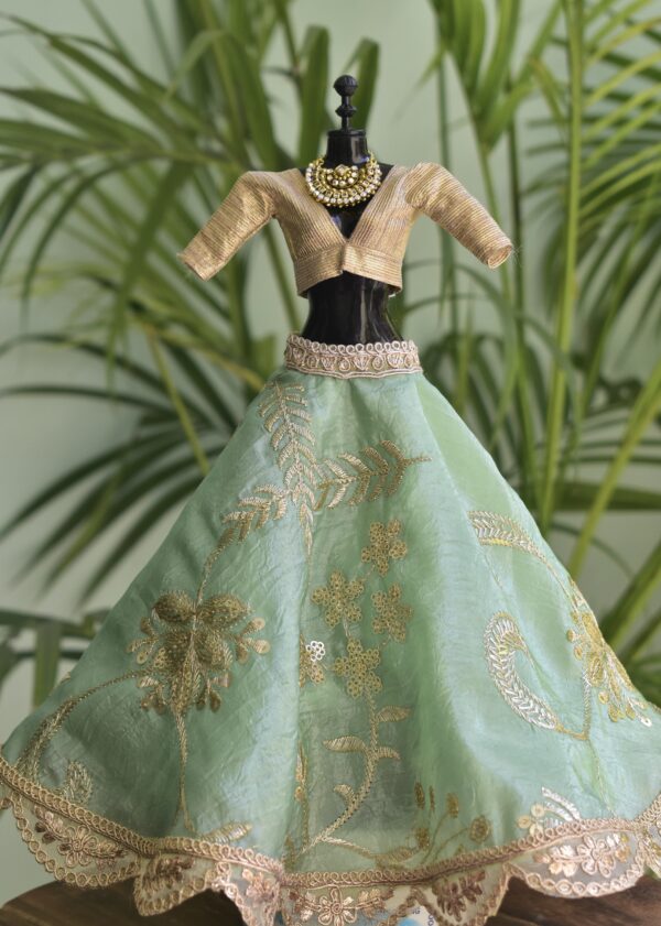 Green and gold embroidered bridal lehenga for Barbie doll