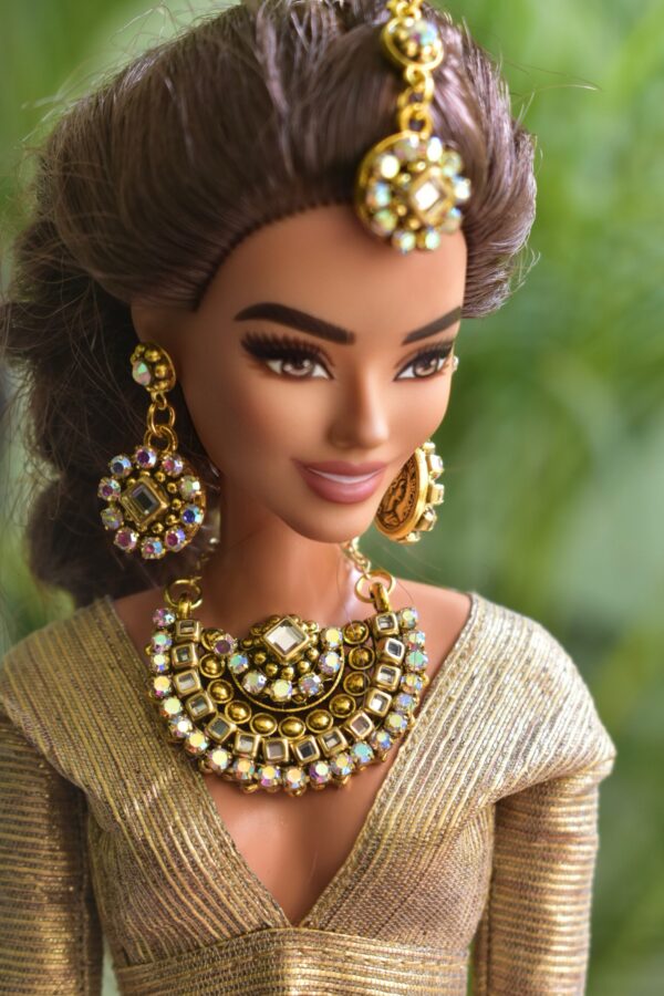 Green and gold embroidered bridal lehenga for Barbie doll