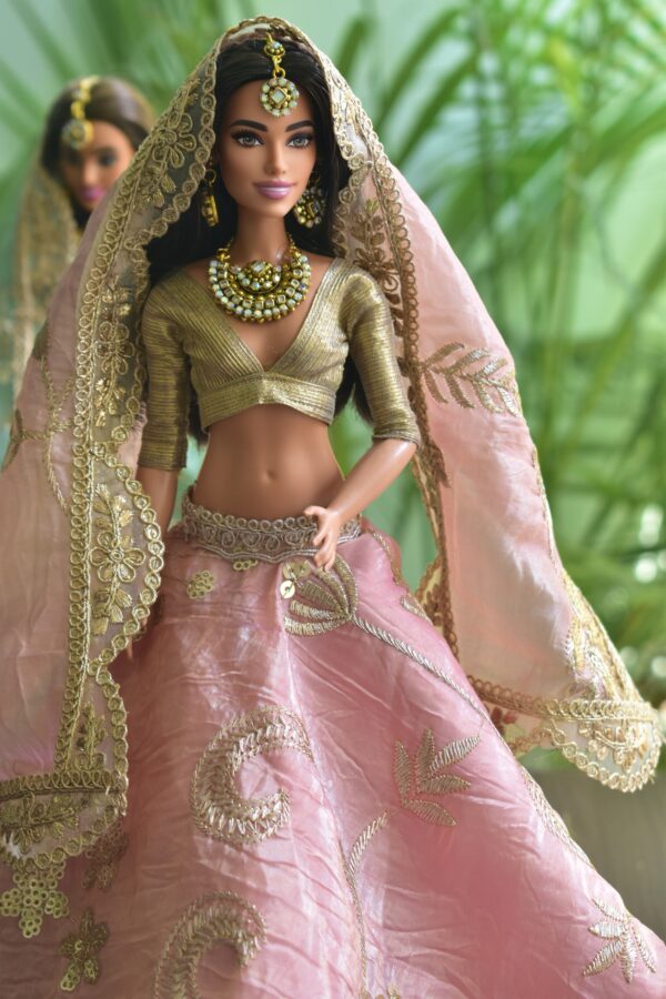 Pink and gold embroidered bridal lehenga for Barbie doll