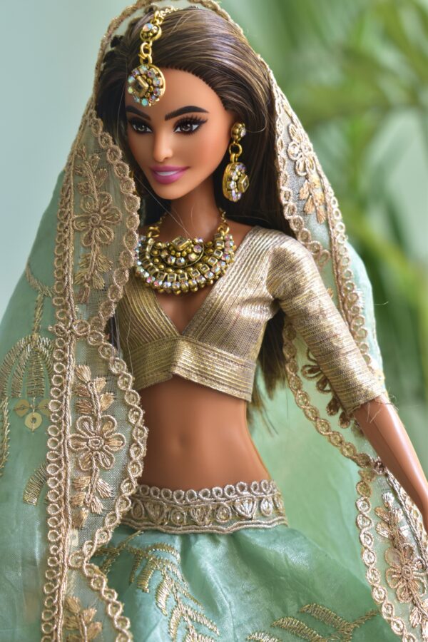 Green and gold embroidered bridal lehenga for Barbie doll