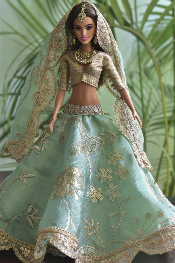 Green and gold embroidered bridal lehenga for Barbie doll