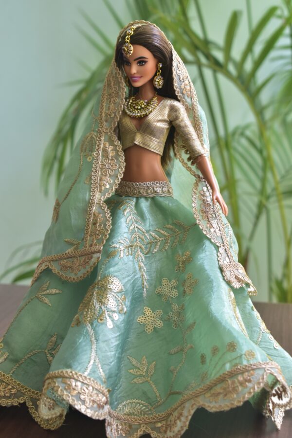 Green and gold embroidered bridal lehenga for Barbie doll