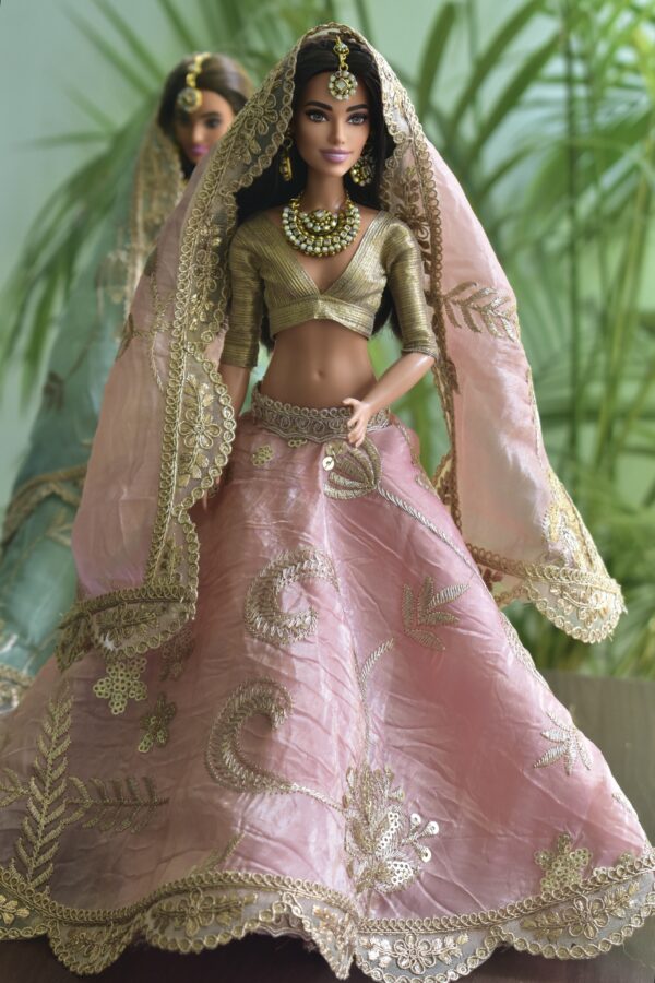 Pink and gold embroidered bridal lehenga for Barbie doll