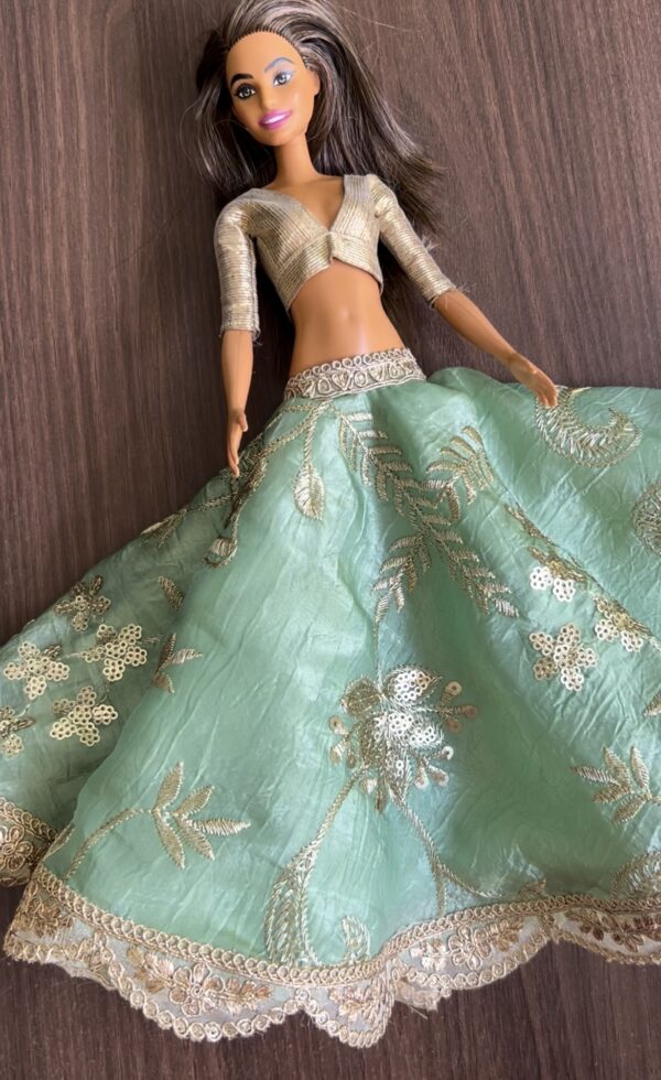 Green and gold embroidered bridal lehenga for Barbie doll