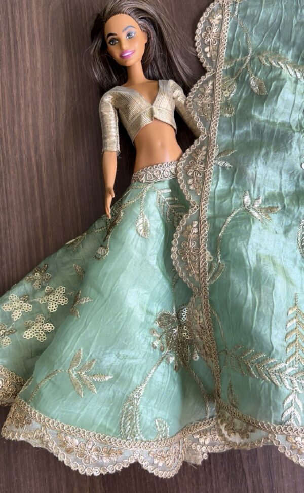 Green and gold embroidered bridal lehenga for Barbie doll