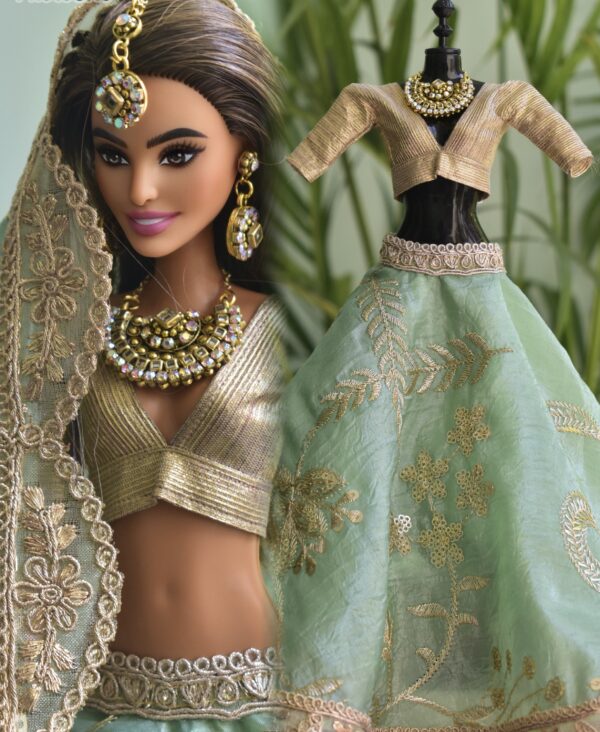 Green and gold embroidered bridal lehenga for Barbie doll