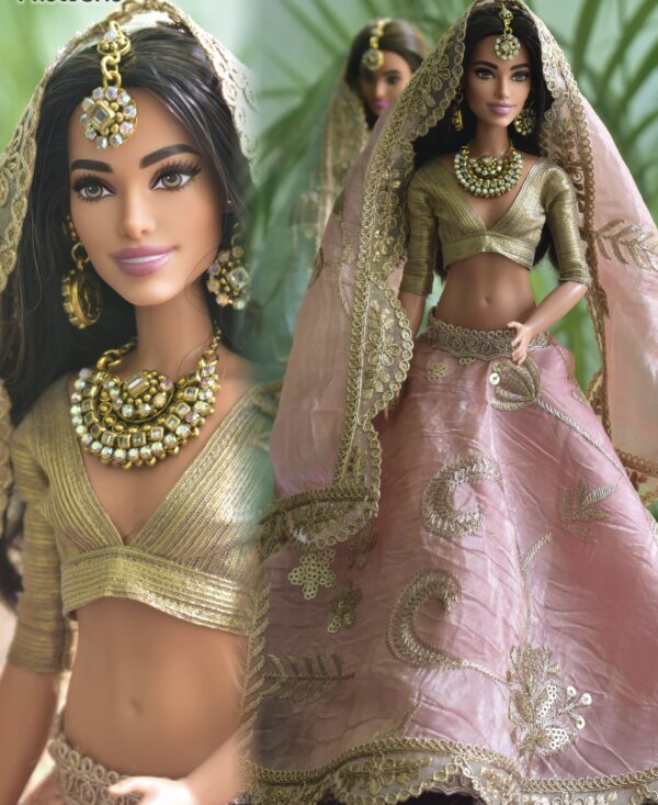 Pink and gold embroidered bridal lehenga for Barbie doll