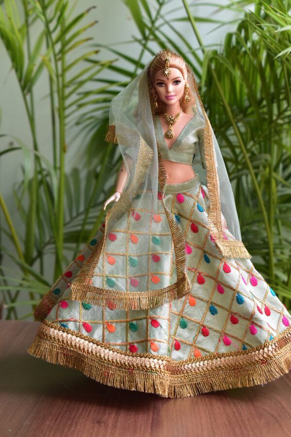 Mint green gold lehenga for curvy Barbie doll
