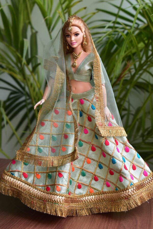 Mint green gold lehenga for curvy Barbie doll