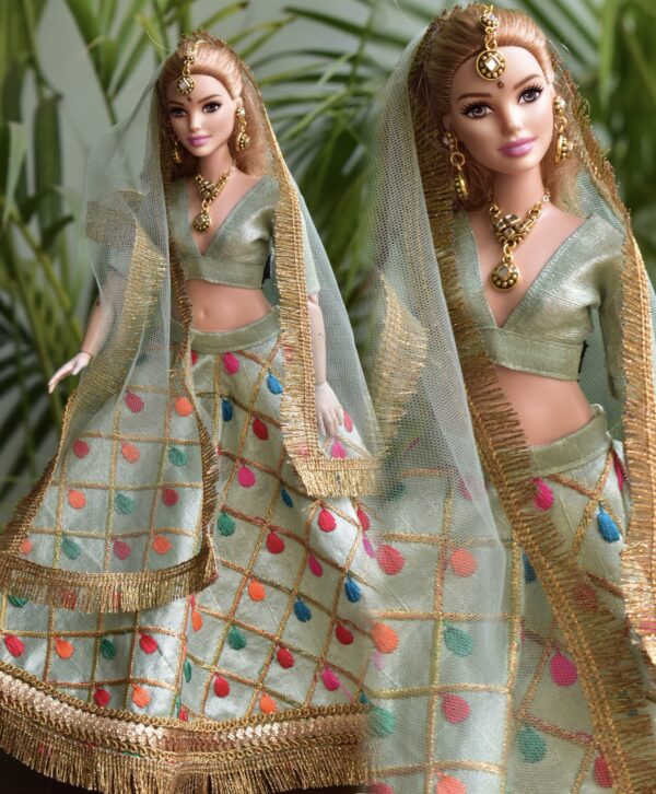 Mint green gold lehenga for curvy Barbie doll