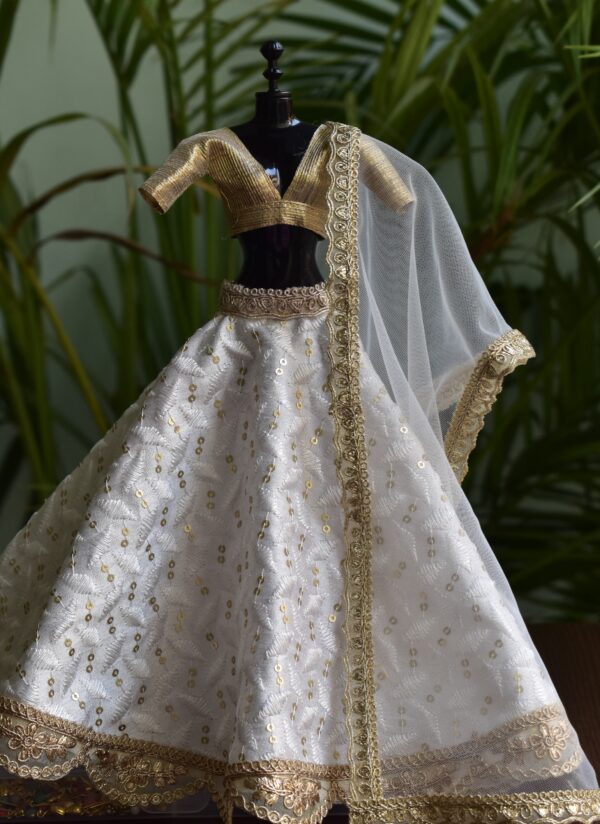 White and gold embroidered lehenga for Barbie doll