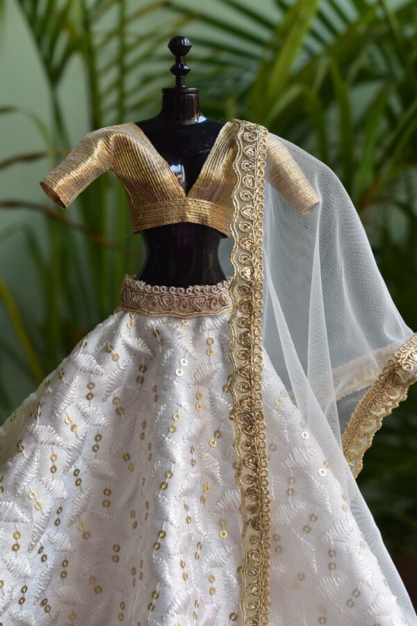 White and gold embroidered lehenga for Barbie doll