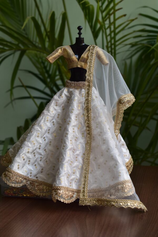 White and gold embroidered lehenga for Barbie doll