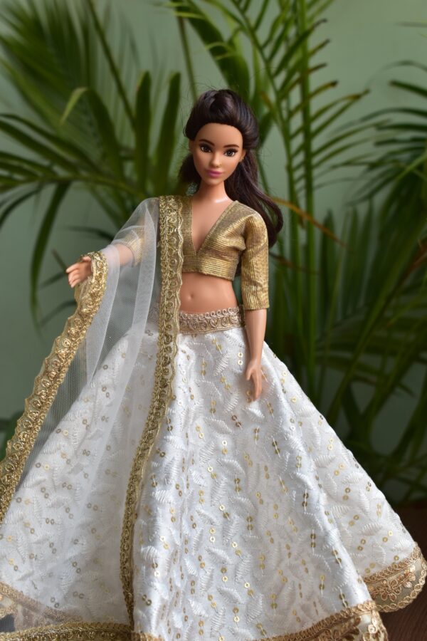 Embroidered white lehenga for curvy Barbie doll