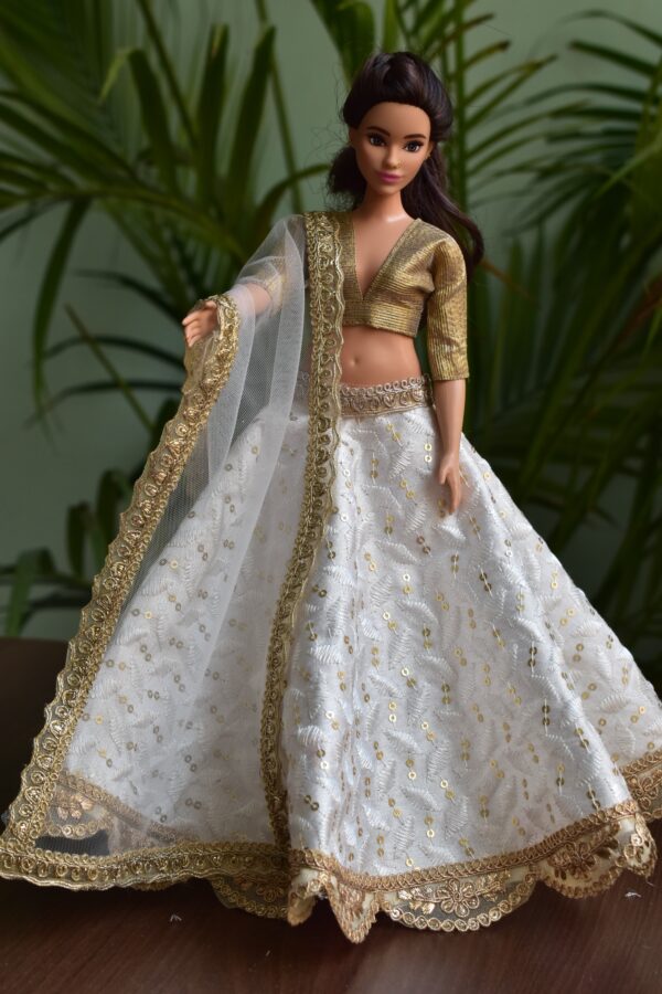 Embroidered white lehenga for curvy Barbie doll