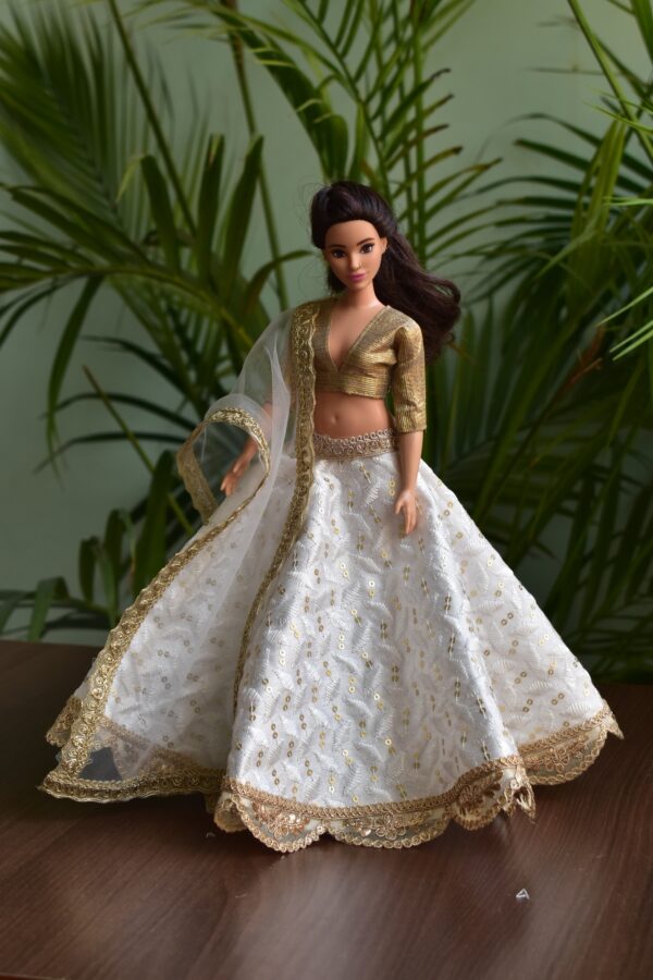Embroidered white lehenga for curvy Barbie doll