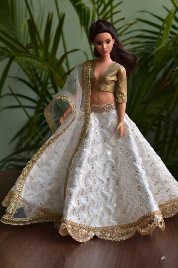 Embroidered white lehenga for curvy Barbie doll