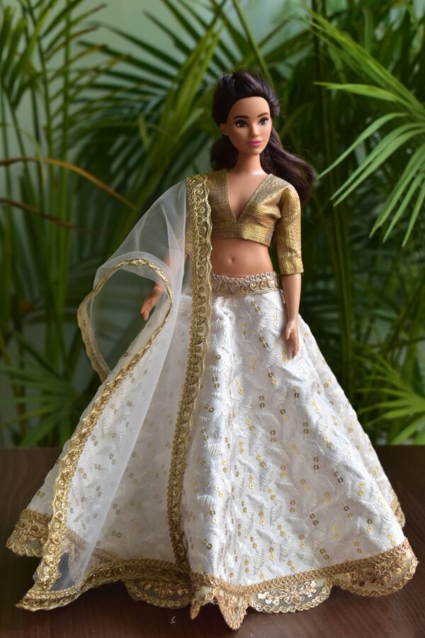 Embroidered white lehenga for curvy Barbie doll