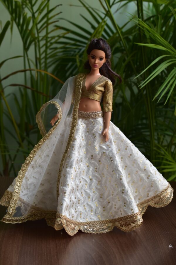 Embroidered white lehenga for curvy Barbie doll