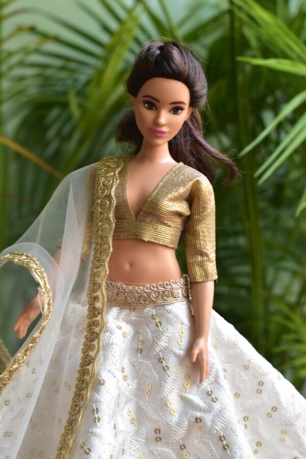 Embroidered white lehenga for curvy Barbie doll