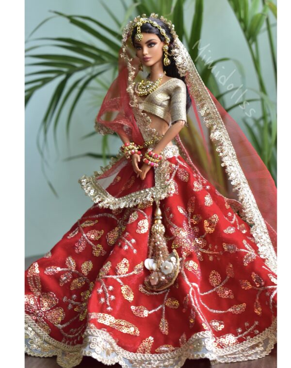 Red and gold bridal lehenga for Barbie doll