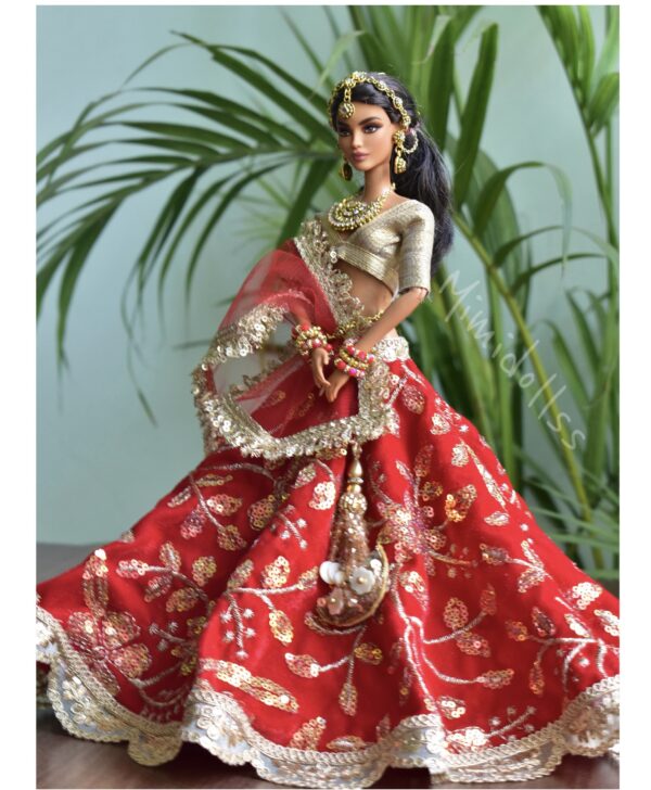 Red and gold bridal lehenga for Barbie doll