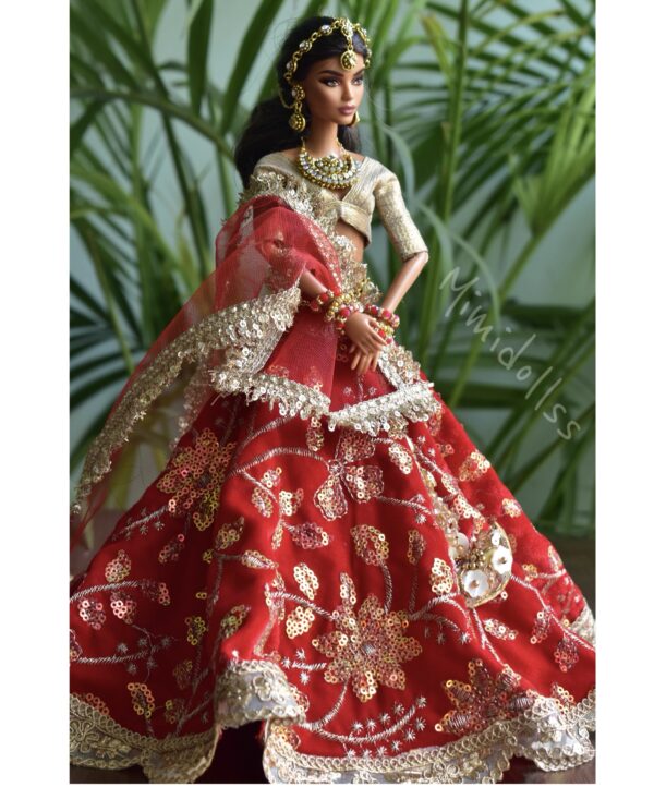Red and gold bridal lehenga for Barbie doll