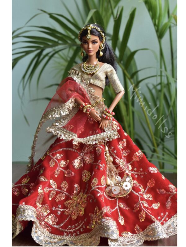 Red and gold bridal lehenga for Barbie doll
