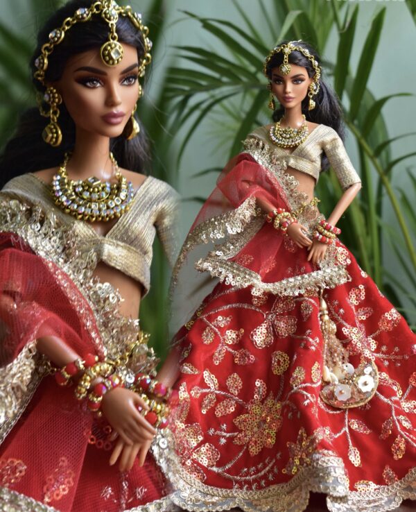 Red and gold bridal lehenga for Barbie doll