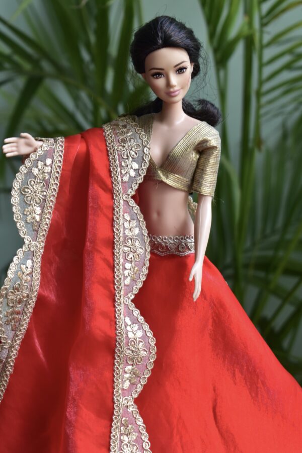 Red and gold lehenga for Barbie doll