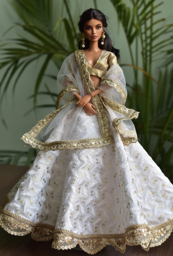 White and gold embroidered lehenga for Barbie doll