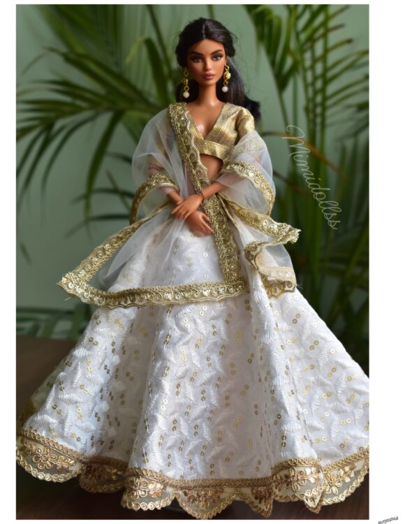 White and gold embroidered lehenga for Barbie doll