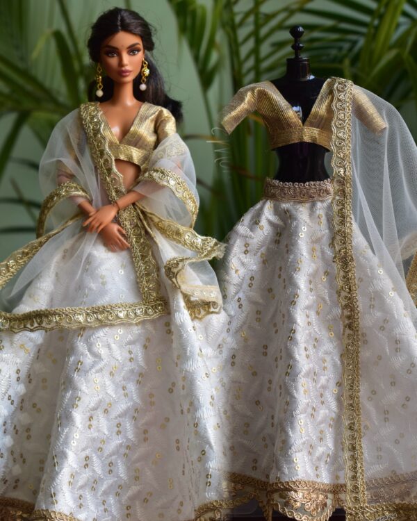 White and gold embroidered lehenga for Barbie doll