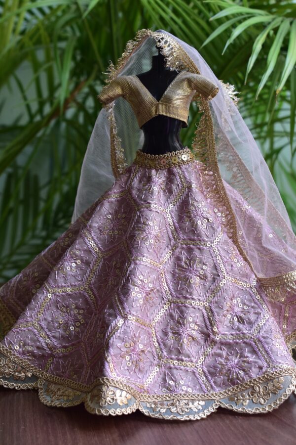 Lilac and gold embroidered lehenga for Barbie doll