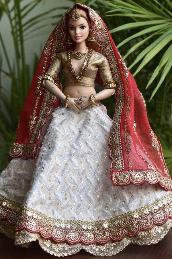 White and red Gujarati bridal lehenga for curvy Barbie doll