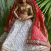 White and red Gujarati bridal lehenga for curvy Barbie doll