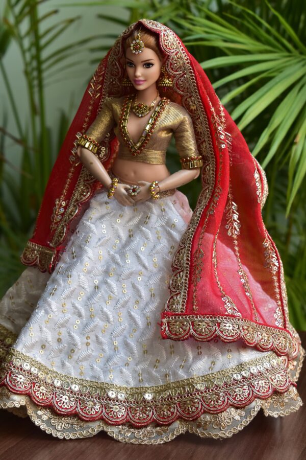 White and red Gujarati bridal lehenga for curvy Barbie doll