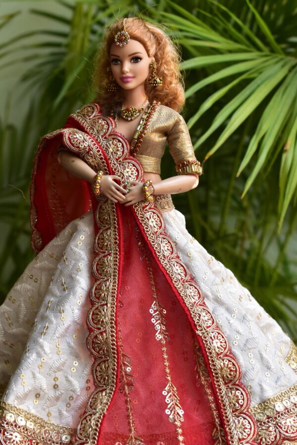 White and red Gujarati bridal lehenga for curvy Barbie doll
