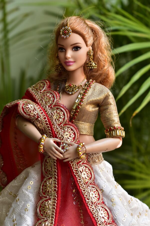 White and red Gujarati bridal lehenga for curvy Barbie doll