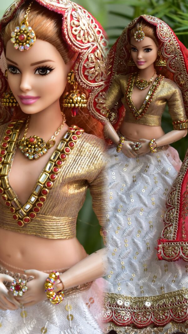 White and red Gujarati bridal lehenga for curvy Barbie doll