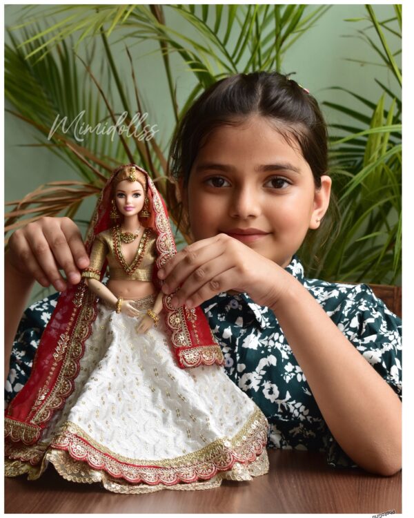 White and red Gujarati bridal lehenga for curvy Barbie doll