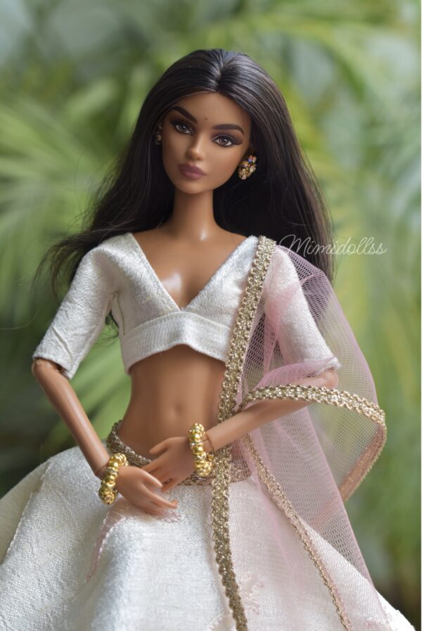 White and pink embroidered lehenga for doll