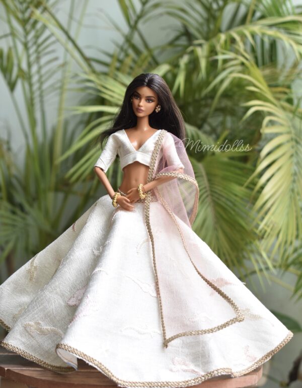 White and pink embroidered lehenga for doll