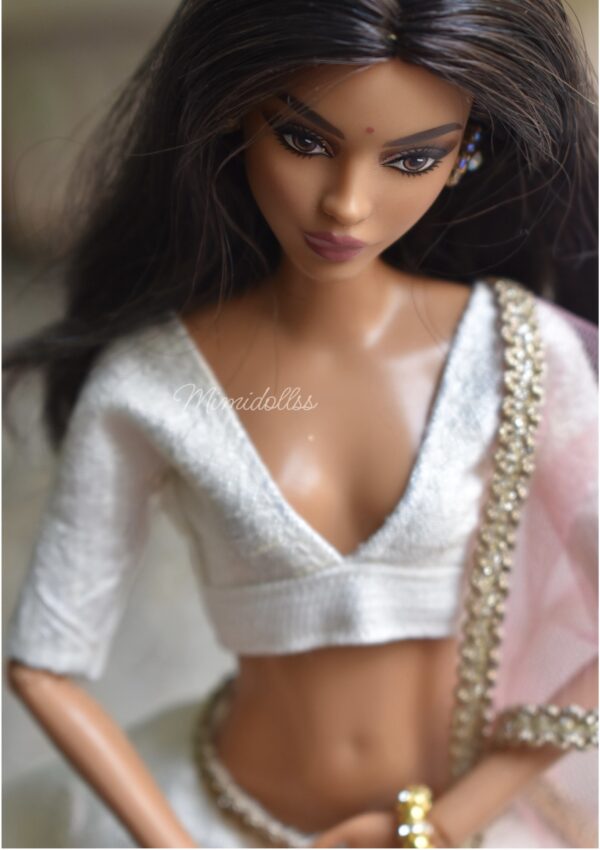 White and pink embroidered lehenga for doll