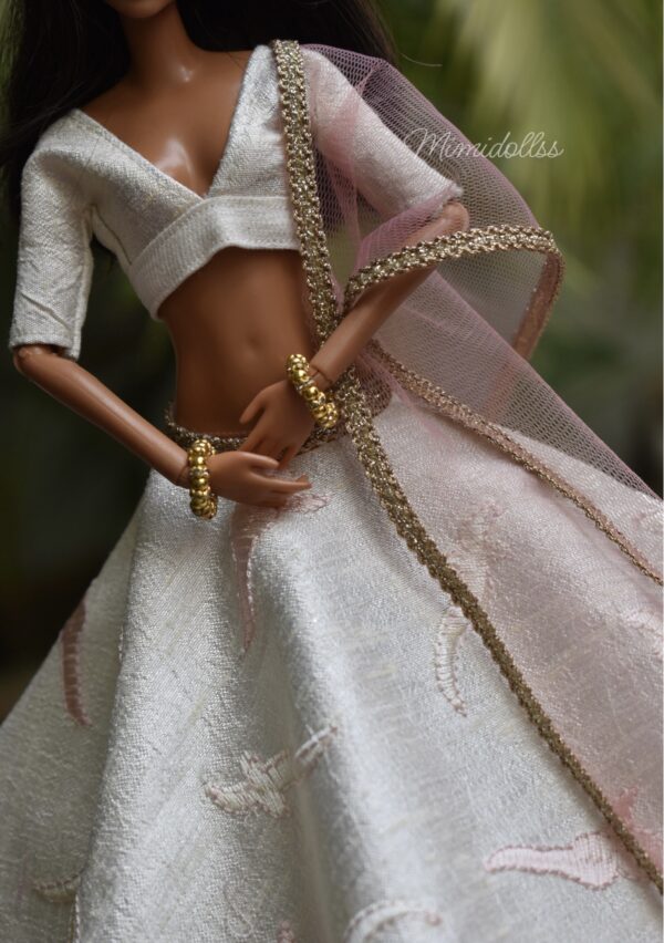 White and pink embroidered lehenga for doll